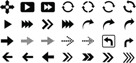 Fototapeta premium Comprehensive Black Arrow and Media UI Icon Set Featuring Playback Buttons Fast Forward Symbols Halftone Dotted Pointers and Circular Refresh Icons for Web and Interface Design