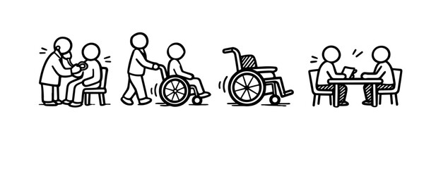 Fototapeta premium Healthcare icons: doctor visit, wheelchair assistance, patient consultation