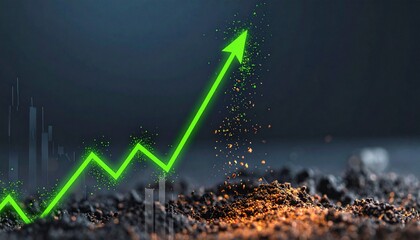 Abstract abnormal stock surge concept, single bright green chart line shooting vertically through dark chaotic market data, contrast between collapse and rise, glowing particles,