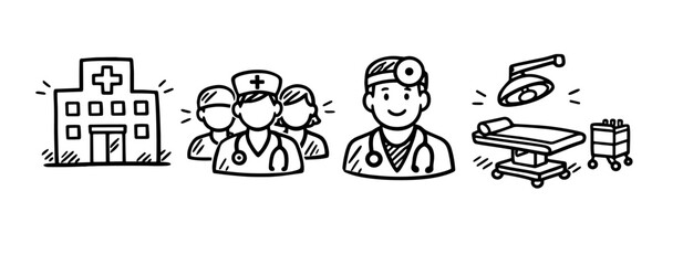 Fototapeta premium Hospital staff and equipment - doctor, nurses, surgical table illustration