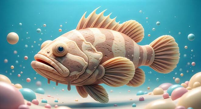 Whimsical grouper fish sculpture with textured stripes and colorful candy spheres