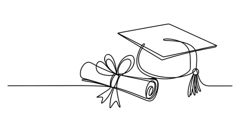Continuous line drawing of a graduation cap and a diploma scroll with a bow. isolated on white background, Vector, illustration © Digital Illustration