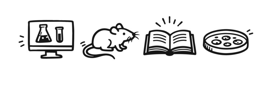 Scientific research: computer monitor, lab mouse, open book, petri dish icons