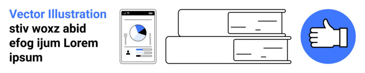 Obraz premium Education, digital tools, analytics, approval, online research, productivity. A phone with a pie chart, stacked books and a thumbs-up icon. Education and digital tools for modern learning concepts