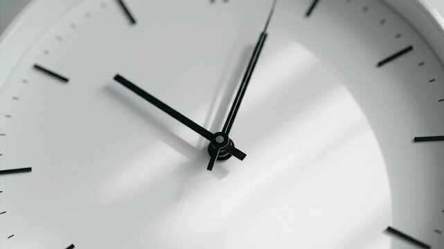 Close up of a white analog clock face with moving black hands