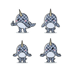 Cartoon narwhals with different gestures in a checkered pattern on a white background © Momina Stock