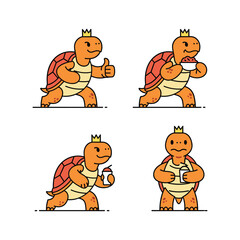 Cartoon turtle king with different emotions and actions in a minimalist style
