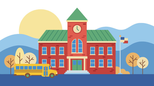 Flat design illustration of a school building with a yellow school bus