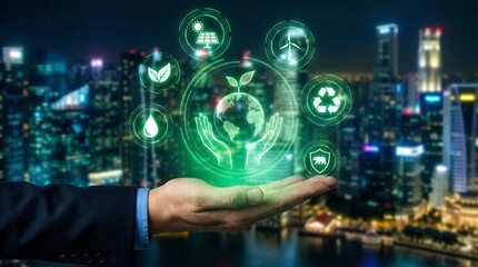 Fototapeta premium Businessman presenting glowing green icons for sustainability above a blurred nighttime city skyline
