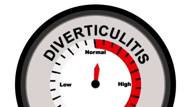 Diverticulitis level meter showing normal to high range on white background Keywords: diverticulitis, meter, gauge, indicator, health, medical, condition, disease, illness, symptom, digestive