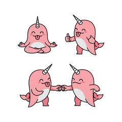 Cute cartoon narwhals showing different emotions and actions in a playful style © JUNAYED STOCK