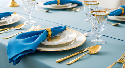 Elegant table setting with blue napkin