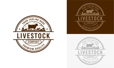 Livestock logos collection featuring emblems with cow and bull silhouettes in various designs