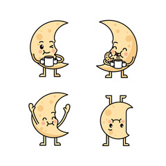 Cute cartoon moon characters with different emotions and coffee