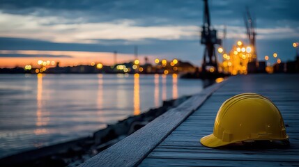 Naklejka premium Yellow Hard Hat Resting on Wooden Pier at Dusk with Blurred Industrial Backdrop