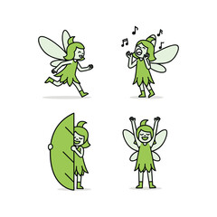 Cartoon fairy set performing various actions in green costume with white wings