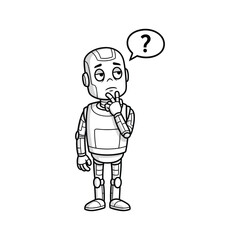 Obraz premium Robot thinking with question mark in thought bubble, contemplative expression, monochrome illustration