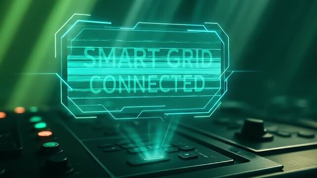 Smart grid connected hologram projection above control panel with buttons and knobs featuring futuristic technology concept glowing green light beams digital interface energy management system