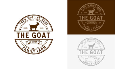 Vintage farm logos featuring a goat in various designs and color schemes on a transparent background
