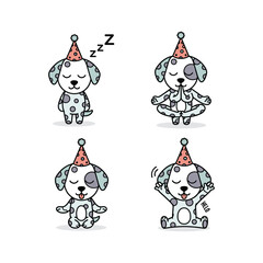 Cartoon dogs meditating in yoga poses with party hats on white background