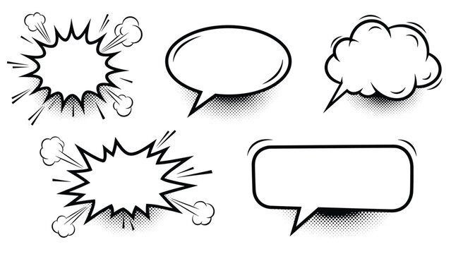 Comic book speech bubbles and explosion clouds set in black and white with halftone dot effects for retro graphic designs.