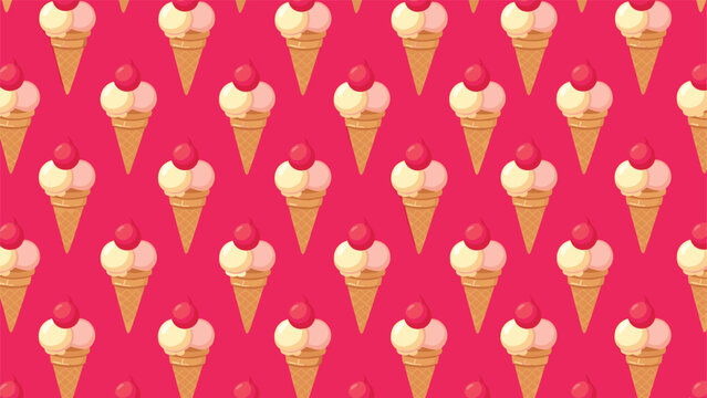 Ice cream cone pattern with colorful scoops and red cherries on a vibrant hot pink background for sweet treat summer themes.