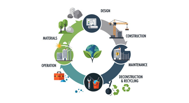 Circular Economy Building Lifecycle Infographic: Sustainable Construction Process from Design to Recycling and Operation