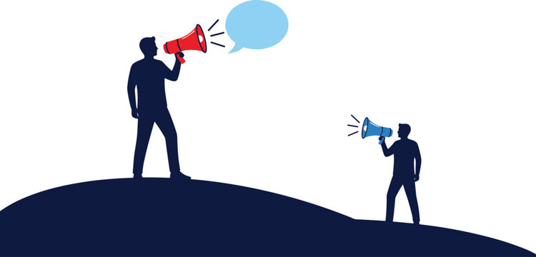 Business metaphor illustration of two silhouettes using megaphones representing leadership influence communication and dominant brand messaging on hill