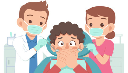 Fototapeta premium Young child displaying dental phobia, covering mouth with hands during a dental exam with two medical professionals.