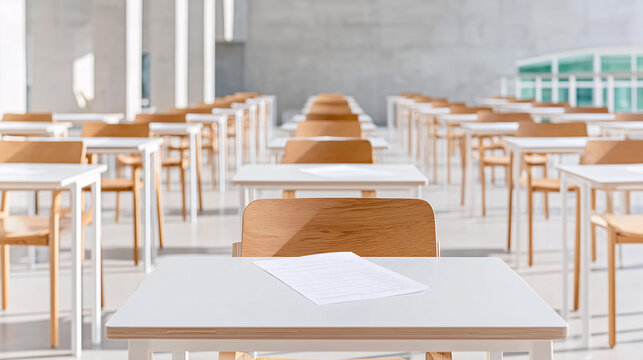 Empty examination hall with rows of desks and a sheet of paper on each desk ready for a test.