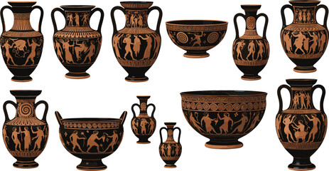 Collection of ancient Greek pottery vessels including amphorae and kraters with traditional black and red figure mythological illustrations © MDMAHABUB