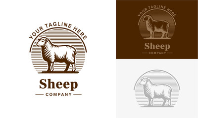 Vintage sheep logo template with sheep icon, customizable design, and typography in a minimalist style for company branding.