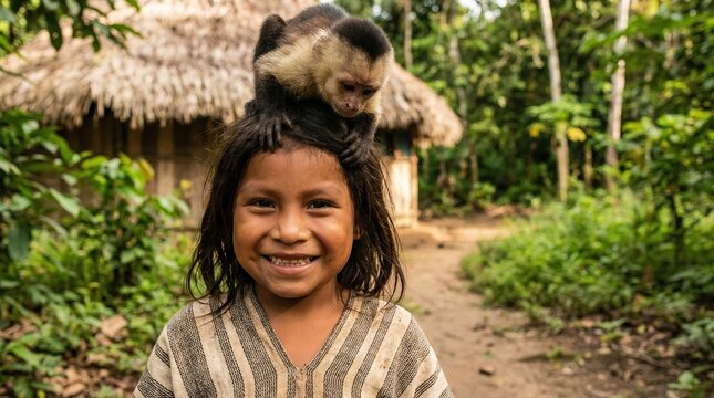 Indigenous child smiling with a capuchin monkey