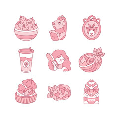 Sweet food icons set with desserts and drinks in pink line art style