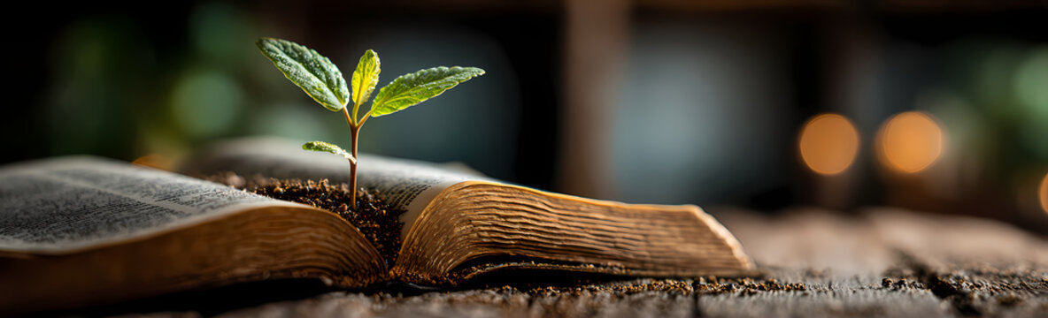 Close-up of a Book Growing Green Sprouts in the Morning Sun: Knowledge is Power, Bible Study Class Material	