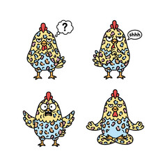 Cartoon chicken expressing different emotions with speech bubbles in a humorous illustration style
