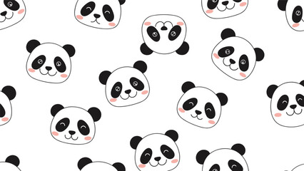 Fototapeta premium Adorable seamless pattern of white panda faces with various cute expressions and rosy cheeks on a plain white background for kids.