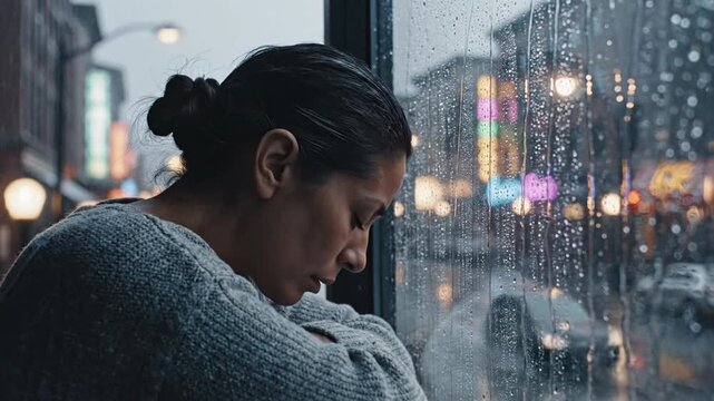 A woman in a gray sweater looks out a rainy window at a city street with blurred lights and cars