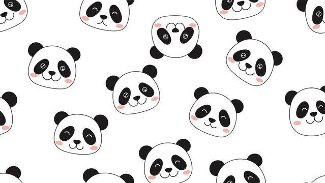 Adorable seamless pattern of white panda faces with various cute expressions and rosy cheeks on a plain white background for kids.