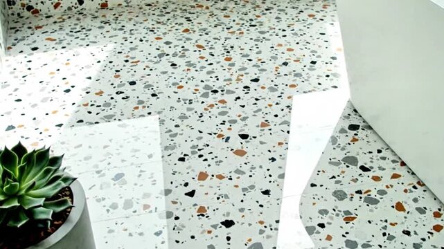 Overhead shot of a terrazzo floor in a modern bathroom with a small green plant in the corner.