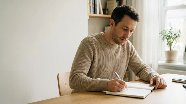 Man writing in physical journal at home, reflecting while looking out a window and concentrating on his notes.