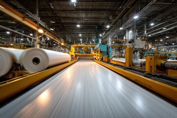 Large white material rolls move on a fast conveyor belt in a factory. Perfect for industry, manufacturing, production lines, and automation concepts.