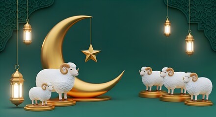 Adorable 3D sheep and lambs gathered around a golden crescent moon and star, symbolizing Islamic sacrifice and Eid al-Adha celebrations