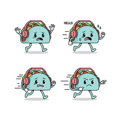 Cartoon avocado character dancing with headphones in various emotional expressions