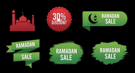 Ramadan sale graphic elements including mosque silhouette, discount stickers, and banners with green and red colors