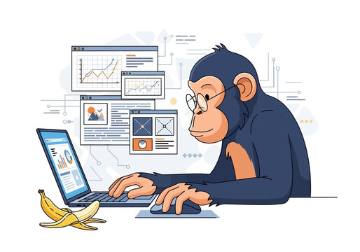Intelligent chimpanzee working diligently on a laptop computer.