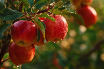 Three apples hanging from a tree, one of which is wet