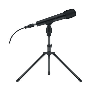 Studio microphone on a folding tabletop tripod stand ready for recording in a modern workspace setups
