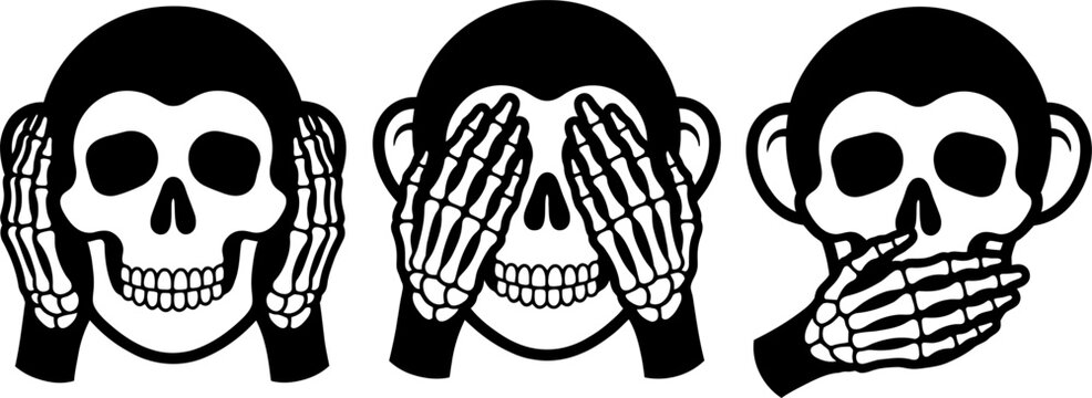 Three wise skulls see no evil hear no evil speak no evil skeleton monkey hands black and white illustration proverb wisdom design