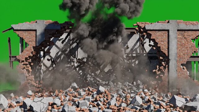 Demolition site with building explosion, destruction debris, rubble, and smoke rising, on green background, for construction or disaster concepts